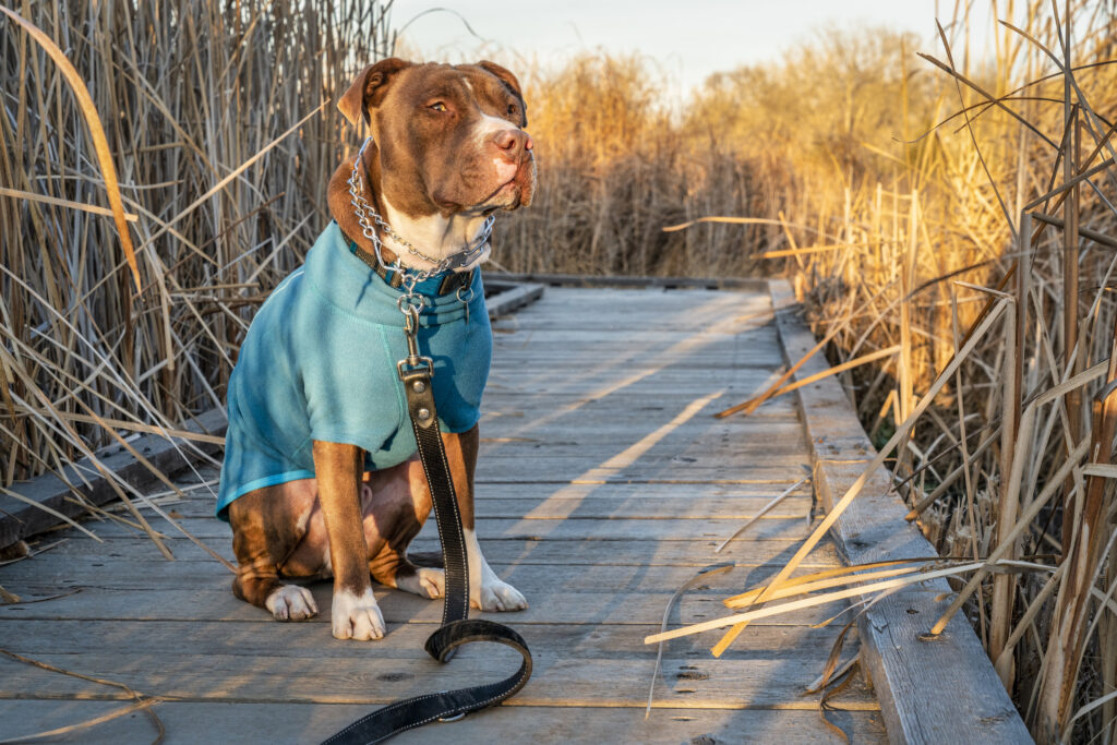 little bully breed wearing a prong collar