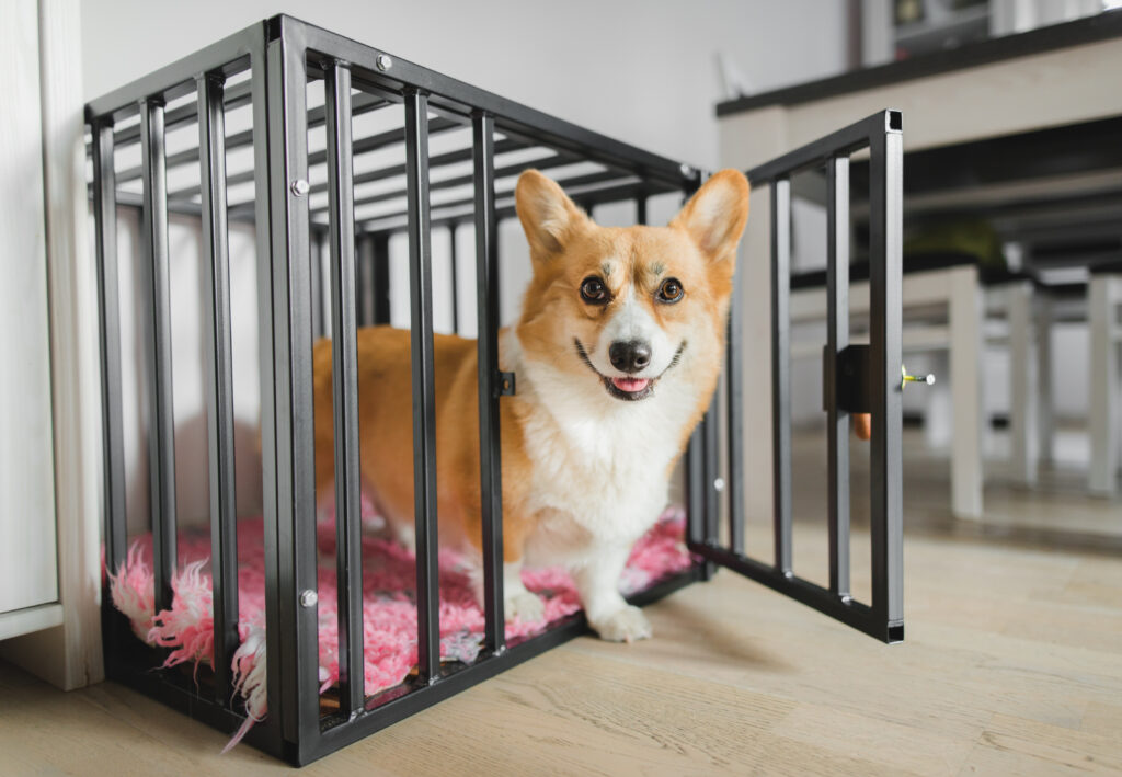un-crate training a corgi!