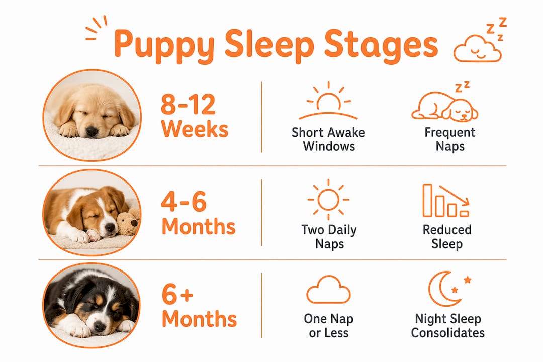 Infographic showing puppy sleep needs by age stages