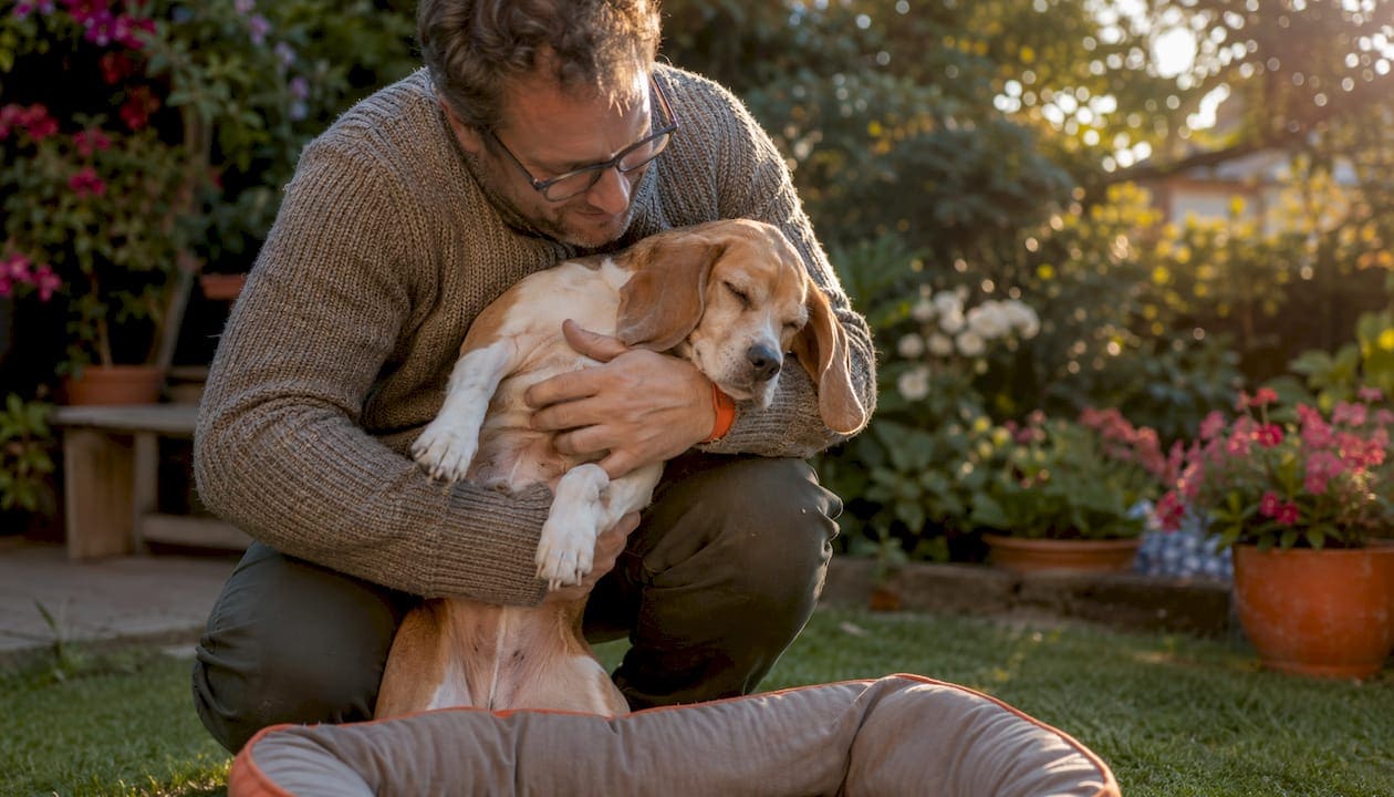 Man settling puppy onto dog bed for afternoon nap