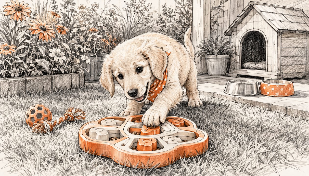 Golden retriever puppy playing with a puzzle toy indoors