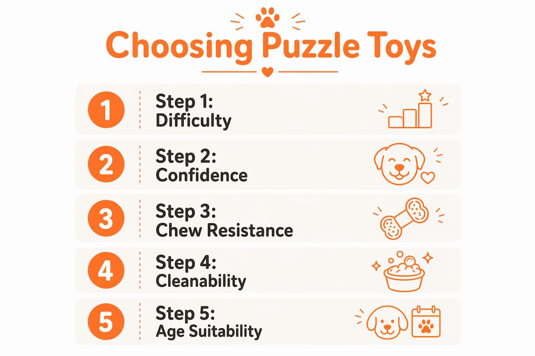 Infographic illustrating steps to choose puppy puzzle toys