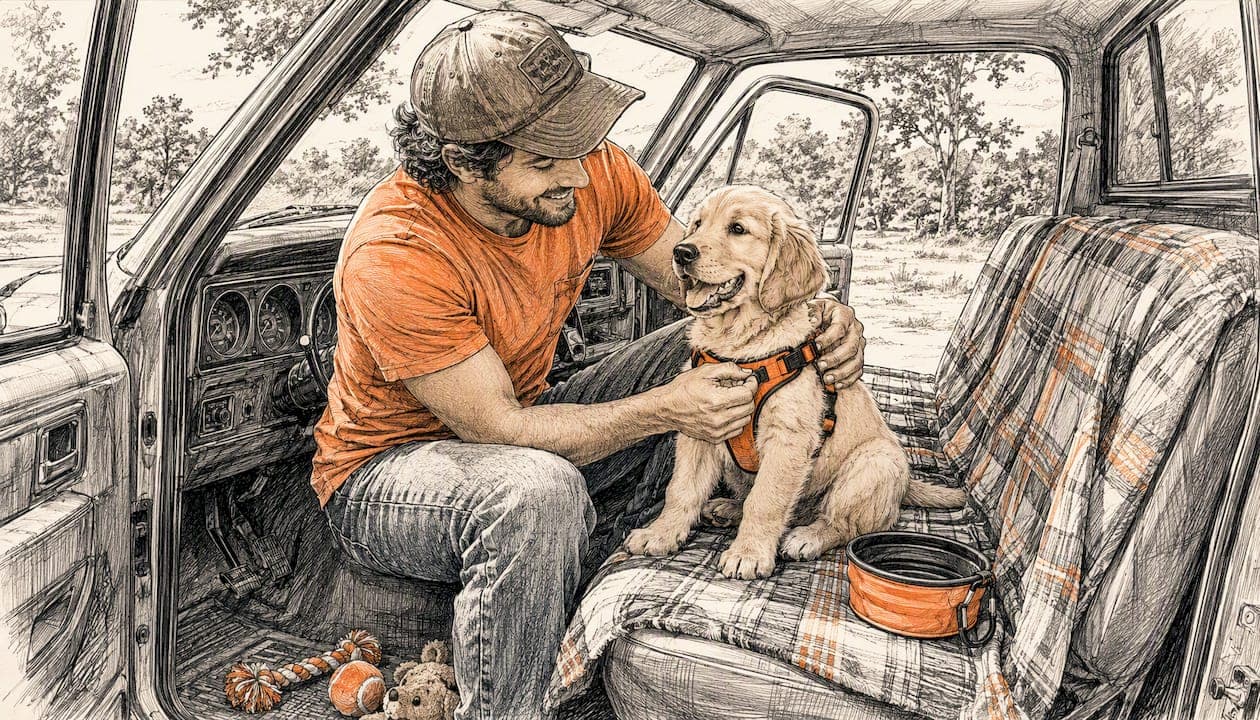 Owner fitting puppy with harness in car
