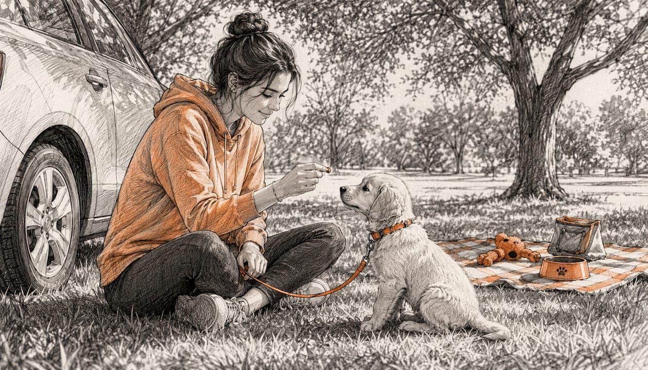 Woman training puppy calmness beside car